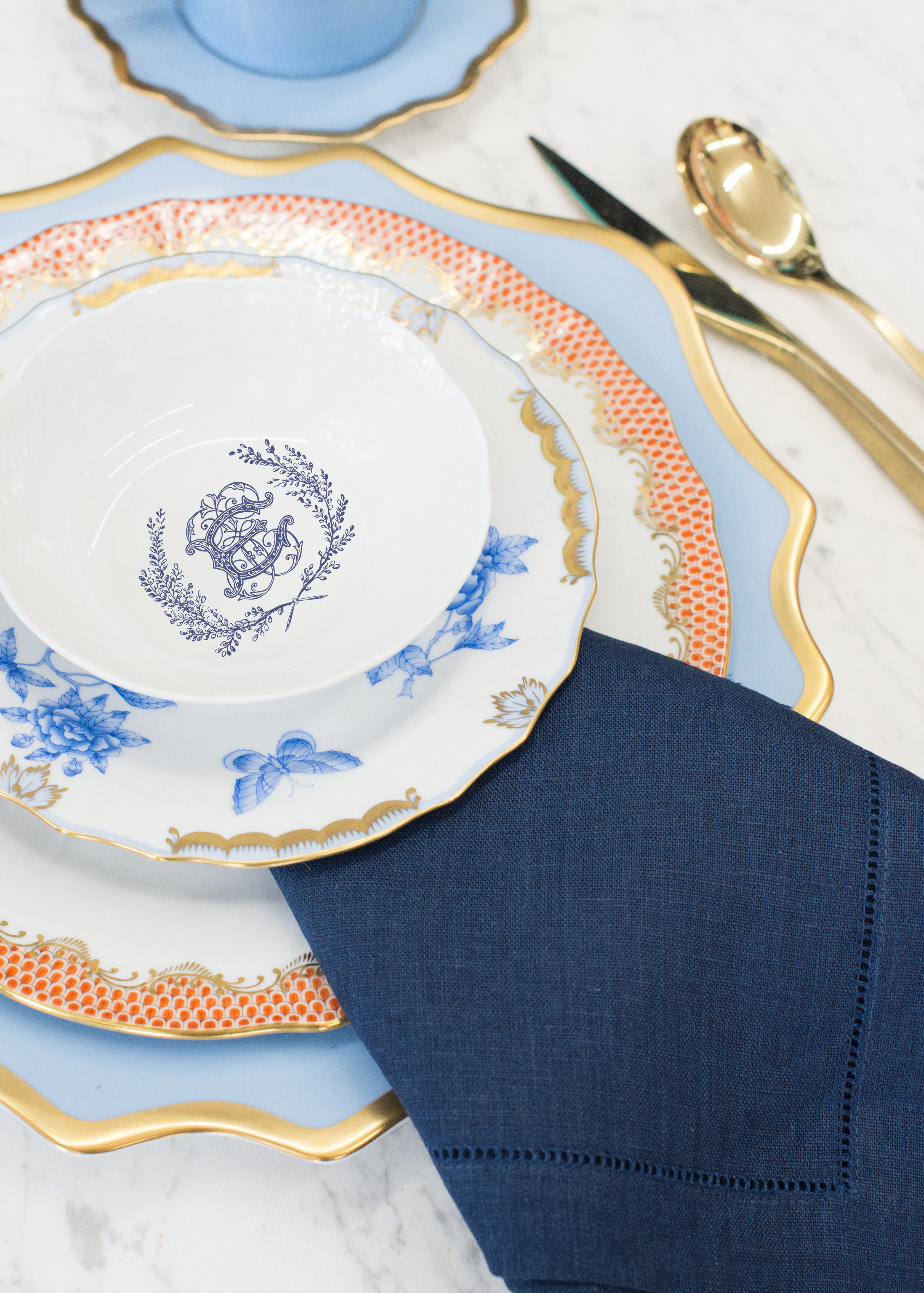 Dinnerware Tablescapes China Wedding Registry Ideas Monogrammed Unique Dishes Custom Tablesetting Sasha Nicholas Herend Anna Weatherley Cheree Berry Paper Kate and Company Orange Blue