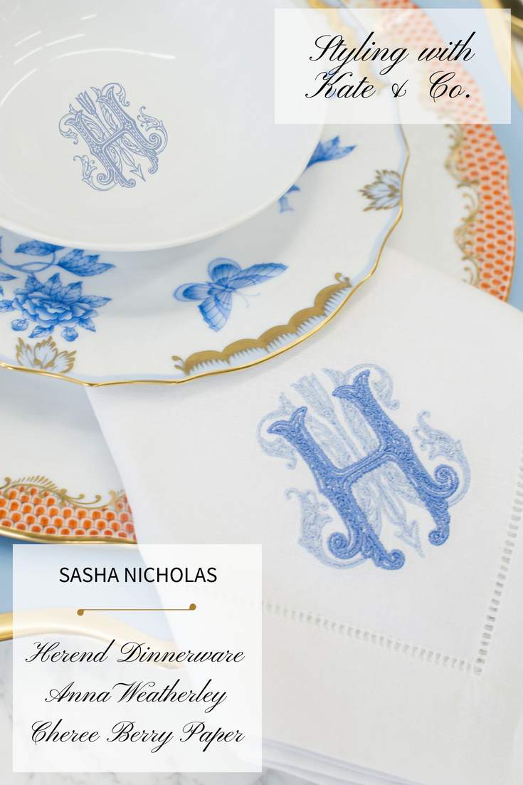 Dinnerware Tablescapes China Wedding Registry Ideas Monogrammed Unique Dishes Custom Tablesetting Sasha Nicholas Herend Anna Weatherley Cheree Berry Paper Kate and Company Orange Blue