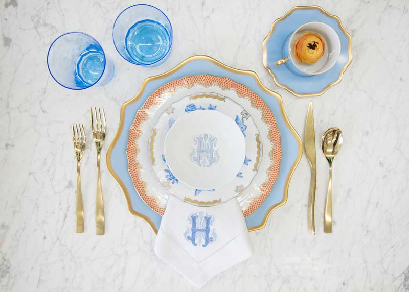 Dinnerware Tablescapes China Wedding Registry Ideas Monogrammed Unique Dishes Custom Tablesetting Sasha Nicholas Herend Anna Weatherley Cheree Berry Paper Kate and Company Orange Blue